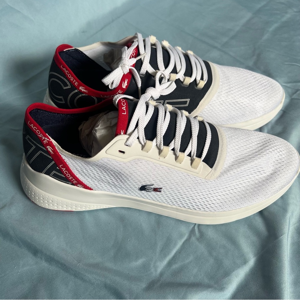 Lacoste White and Black Athletic Shoes with Red Highlights